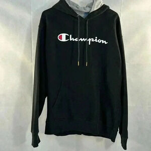 Champion Mens Logo Drawstring Pullover Hoodie Black Size Large